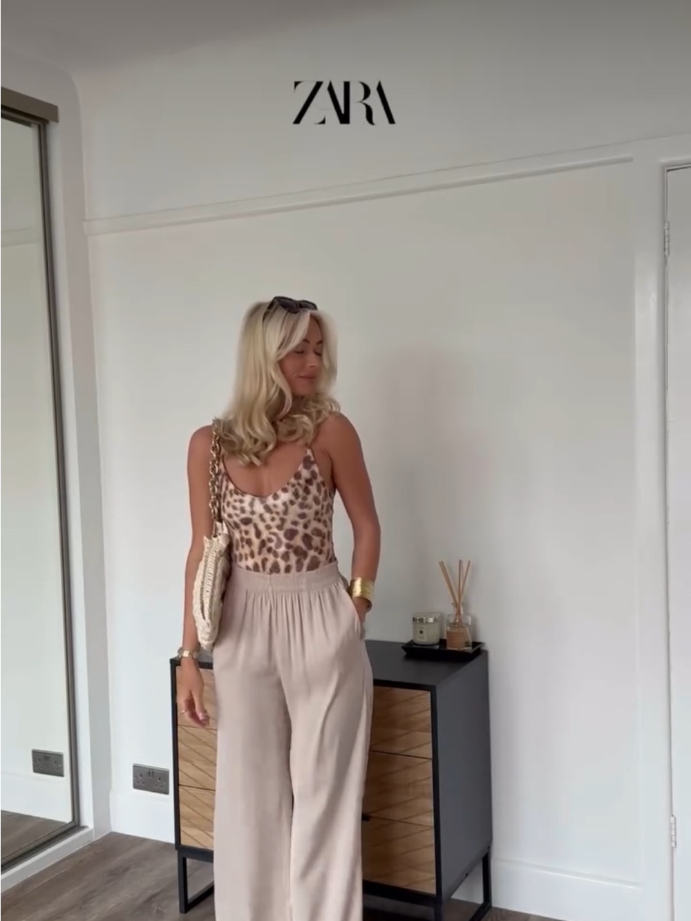 ZARA Neutral Cream Wide-Leg High-Waist Pants